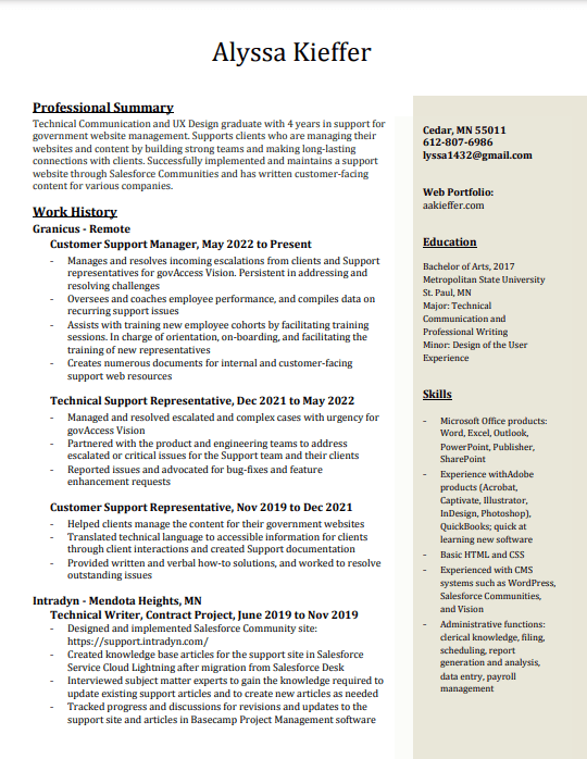 front page of alyssa's resume